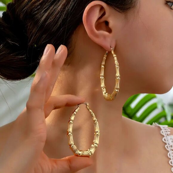 14K Gold Womens Large Oval Bamboo Hoop Earrings 14 Karat Silver Hoops Jewelry - Picture 1 of 6